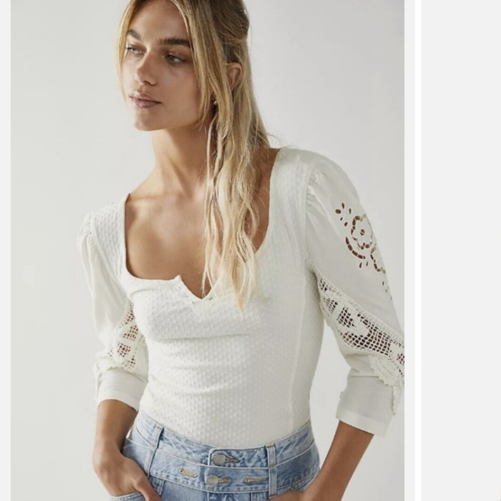 Free People Brunch Date Cream Floral Lace Puff Sleeve Blouse Top L